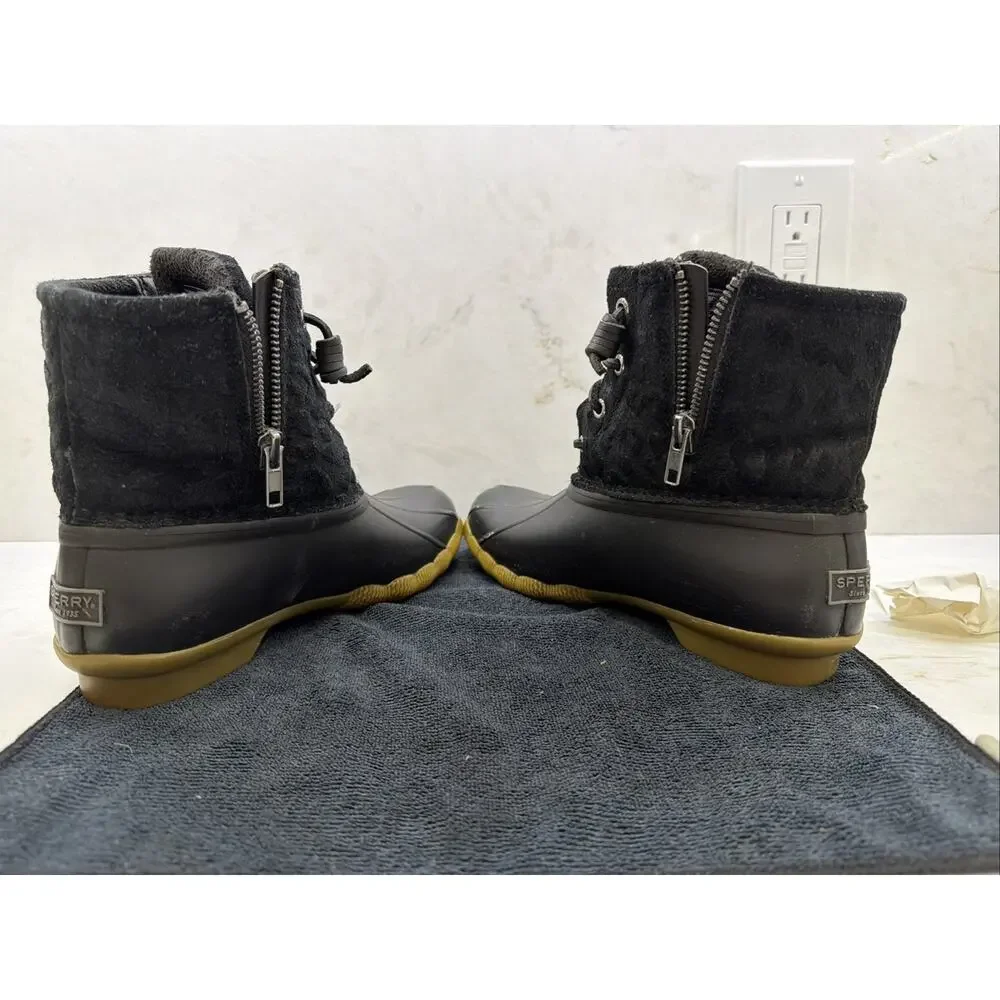 Sperry Womens Syren Gulf Black Animal Print Duck Boots Weatherproof Boots Size 6